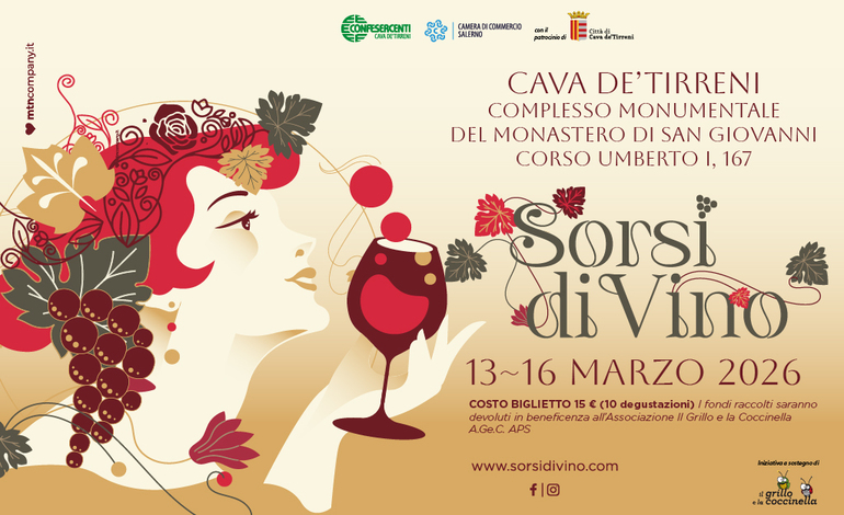 La cultura del vino protagonista a Cava de’ Tirreni: dal 13 al 16 marzo torna “Sorsi diVino”