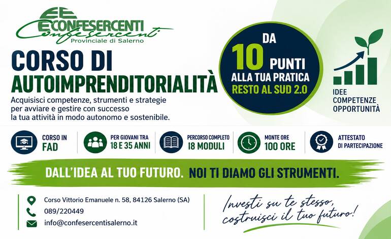 Confesercenti Salerno, opportunità per i giovani con il Corso gratuito di Autoimprenditorialità